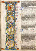 Troyes, Médiathèque, ms. 458 (vers 1140-1150) : Bible dite de saint Bernard, t. 1. Le « I » de In principio (Genèse, 1,1) (folio 6). Alors que d’ordinaire les médaillons ornant cette initiale rappellent les six jours de la création, ils sont réservés ici à l’histoire d’Adam et d’Ève.